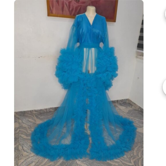 None Other - Maternity Vibrant Turquoise Sheer Ruffle Maxi Robe
